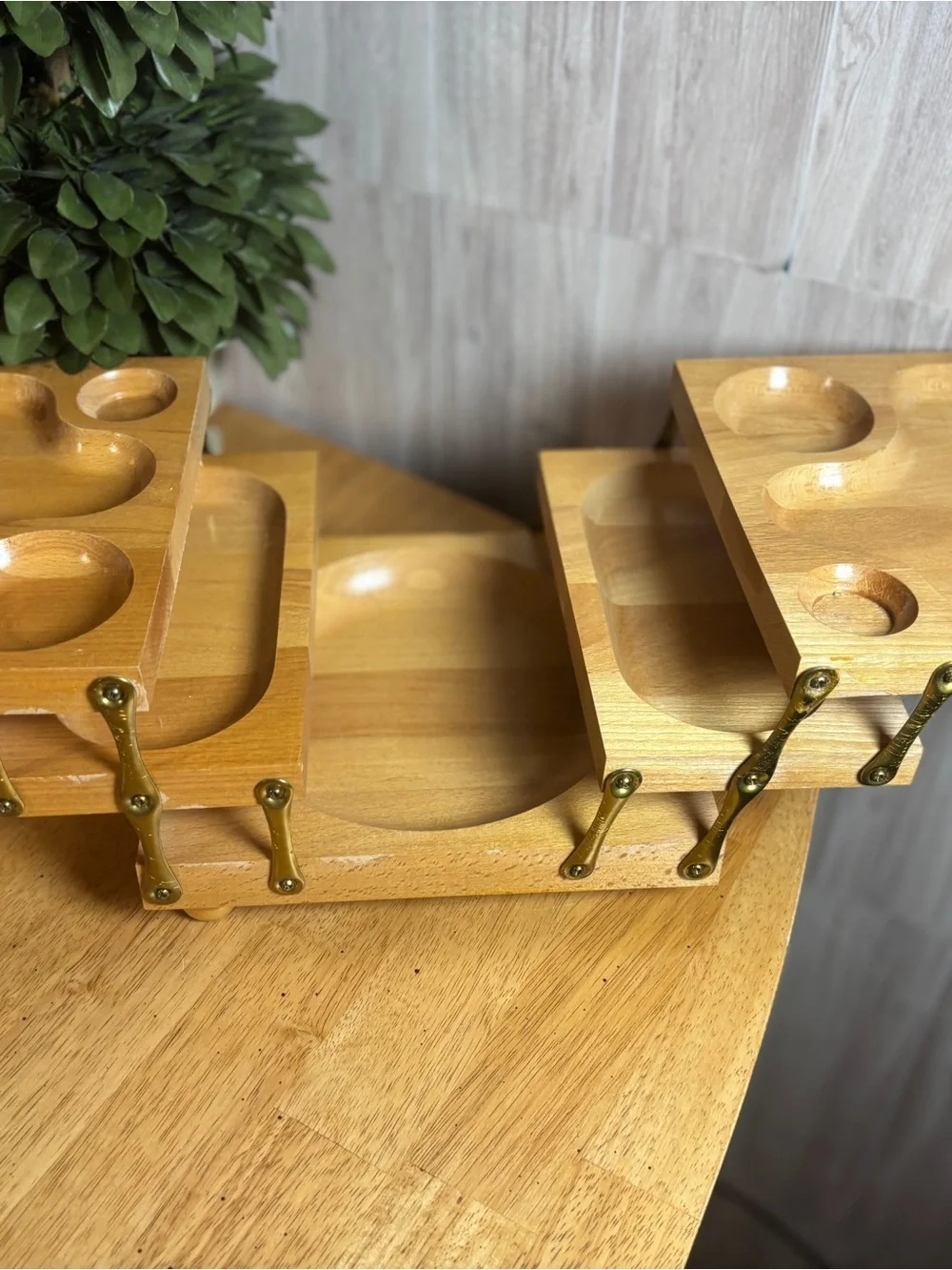 Vintage Expandable Wooden Relish Tray Mid-Century Snack Server Folding Tray